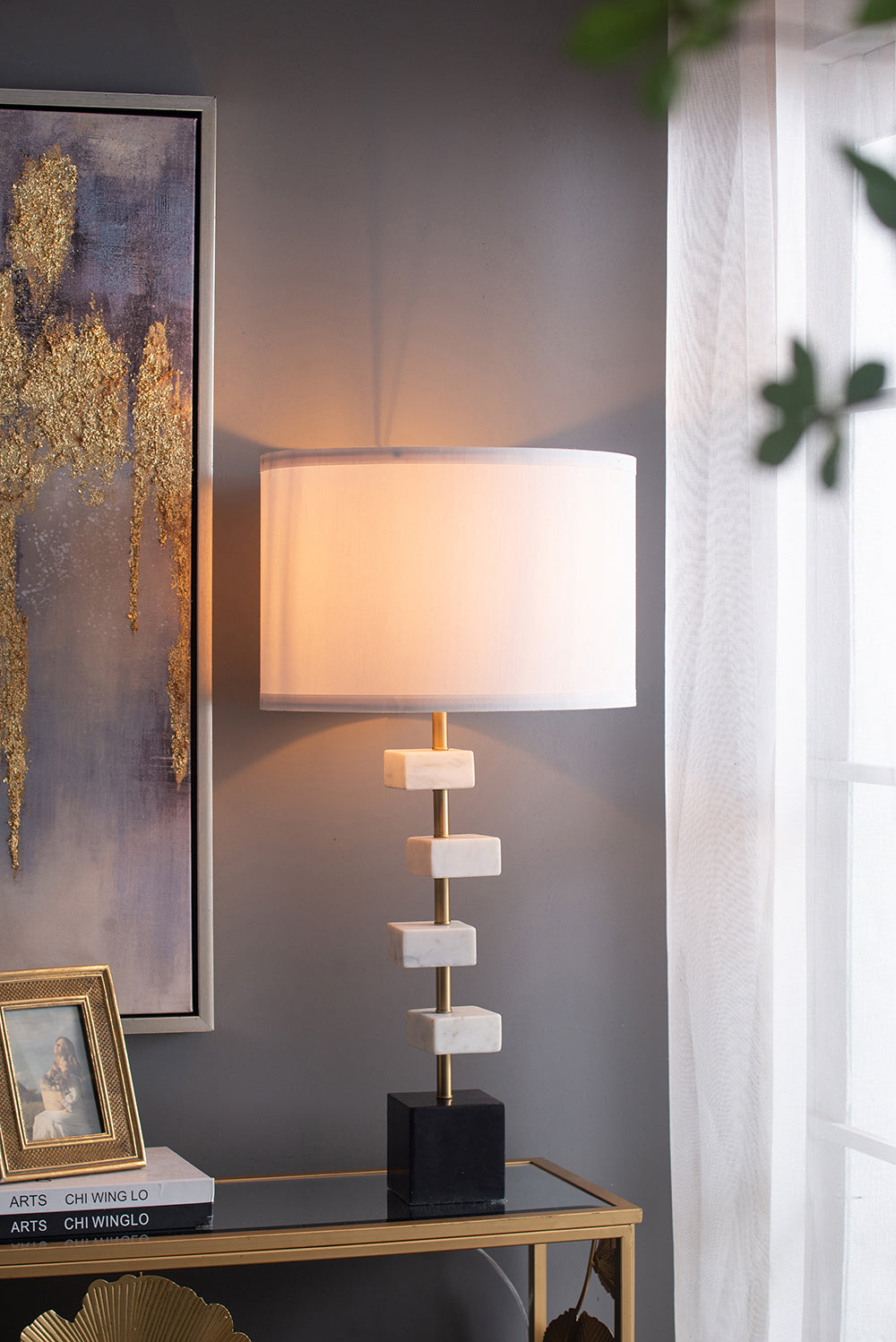 White Marble Table Lamp with Brass Frame and Fabric Shade - 15" W x 30" H