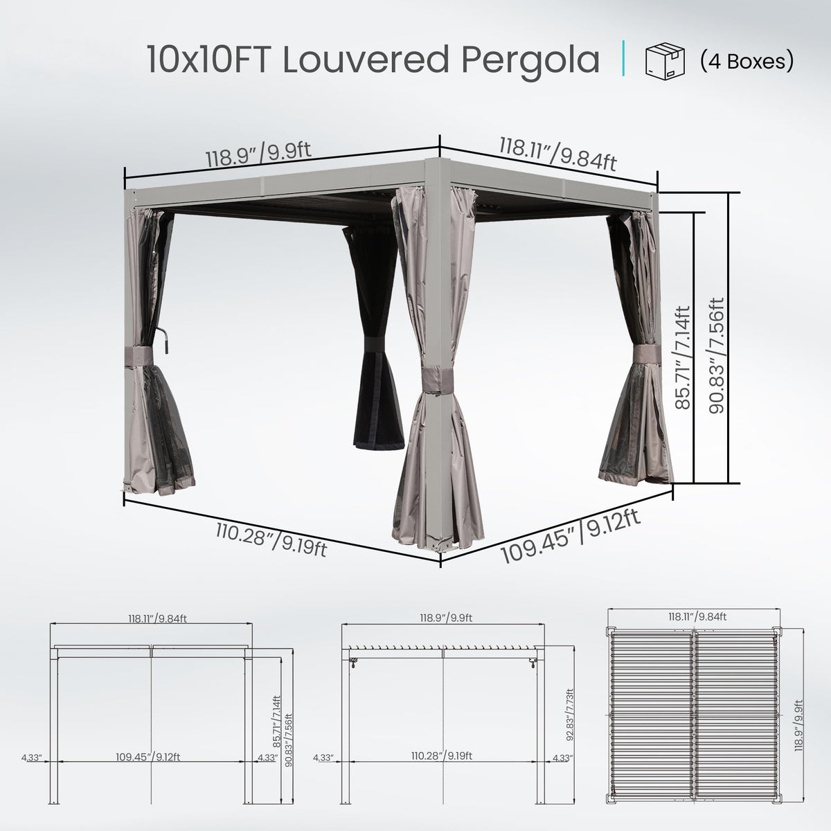 10x10 FT Outdoor Louvered Pergola with Adjustable Louvers - Modern Gray