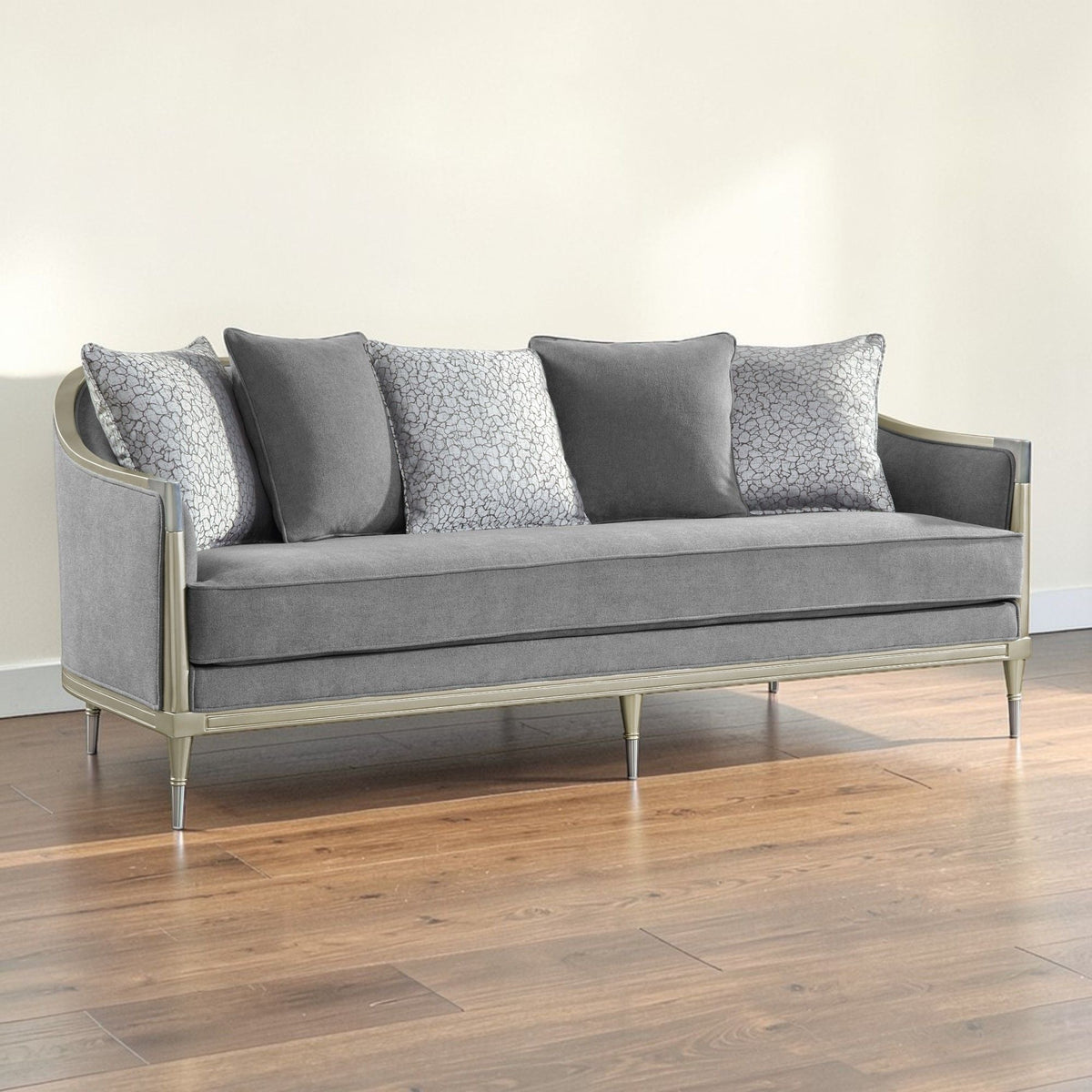 Champagne Gray Sofa with 5 Pillows and Modern Metal Legs
