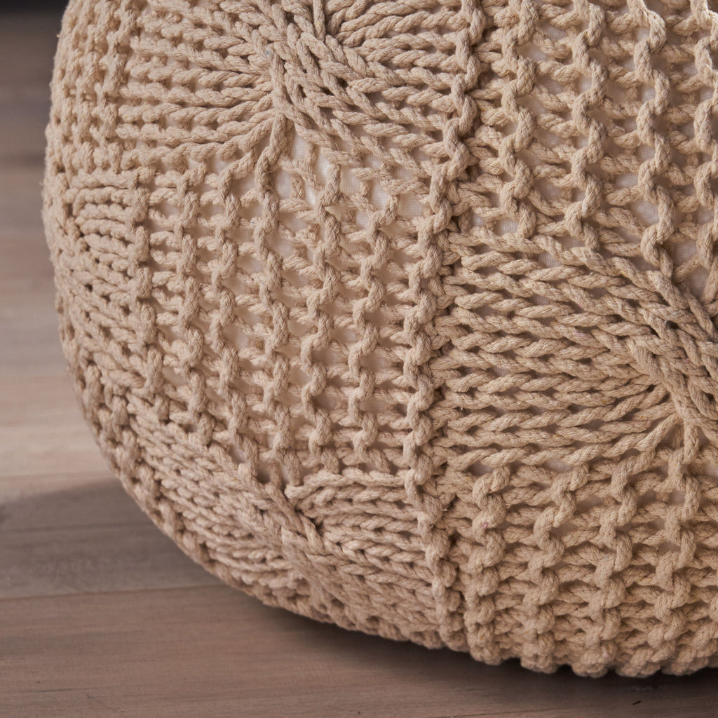 Knitted Round Pouf with Polystyrene Bead Fill - Beige or Dark Gray