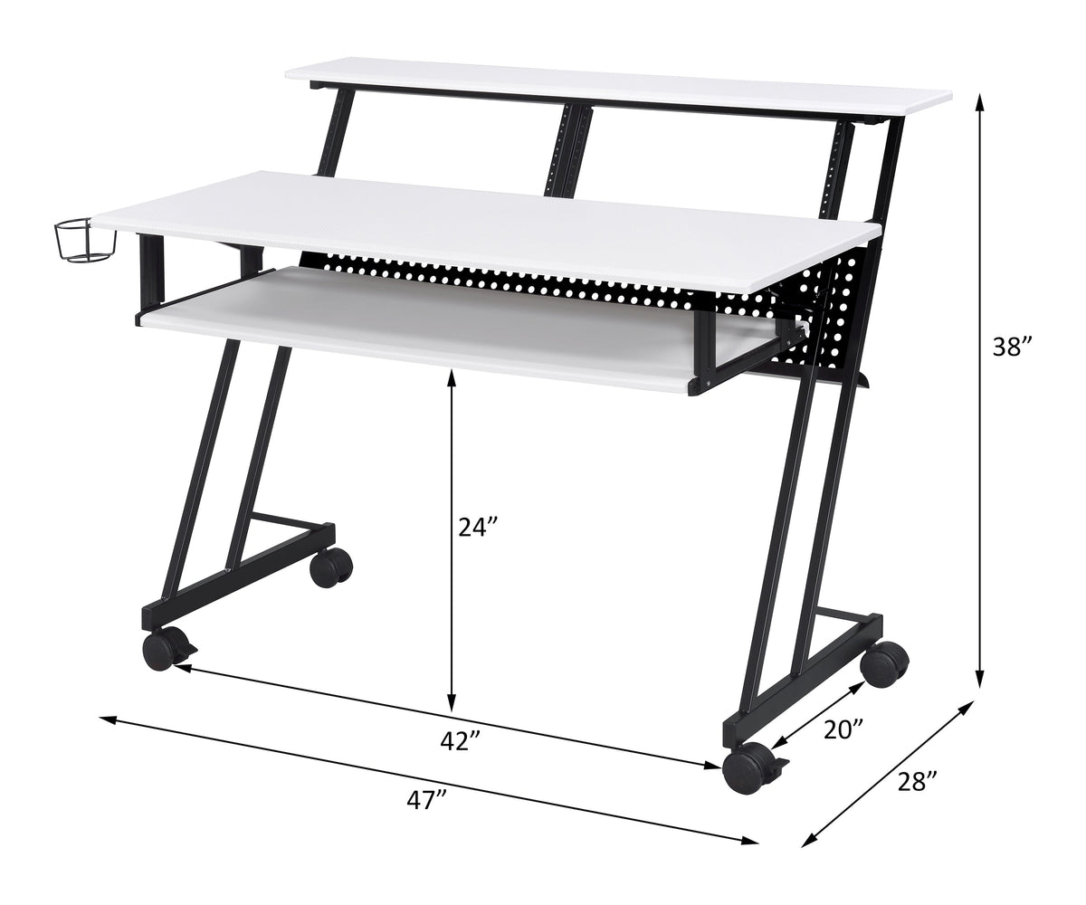 Music Recording Studio Desk with Metal Frame and Storage - Black, White