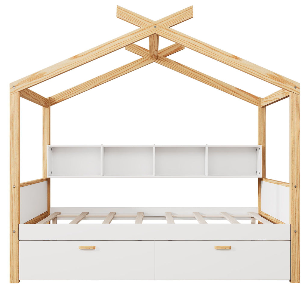 House Bed With Bookshelf Storage and Integrated Shelves - White