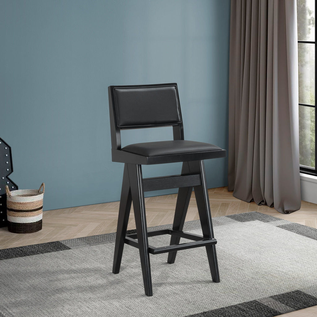 Black Bar Stools Set of 2 with Full Back Support - PU Leather