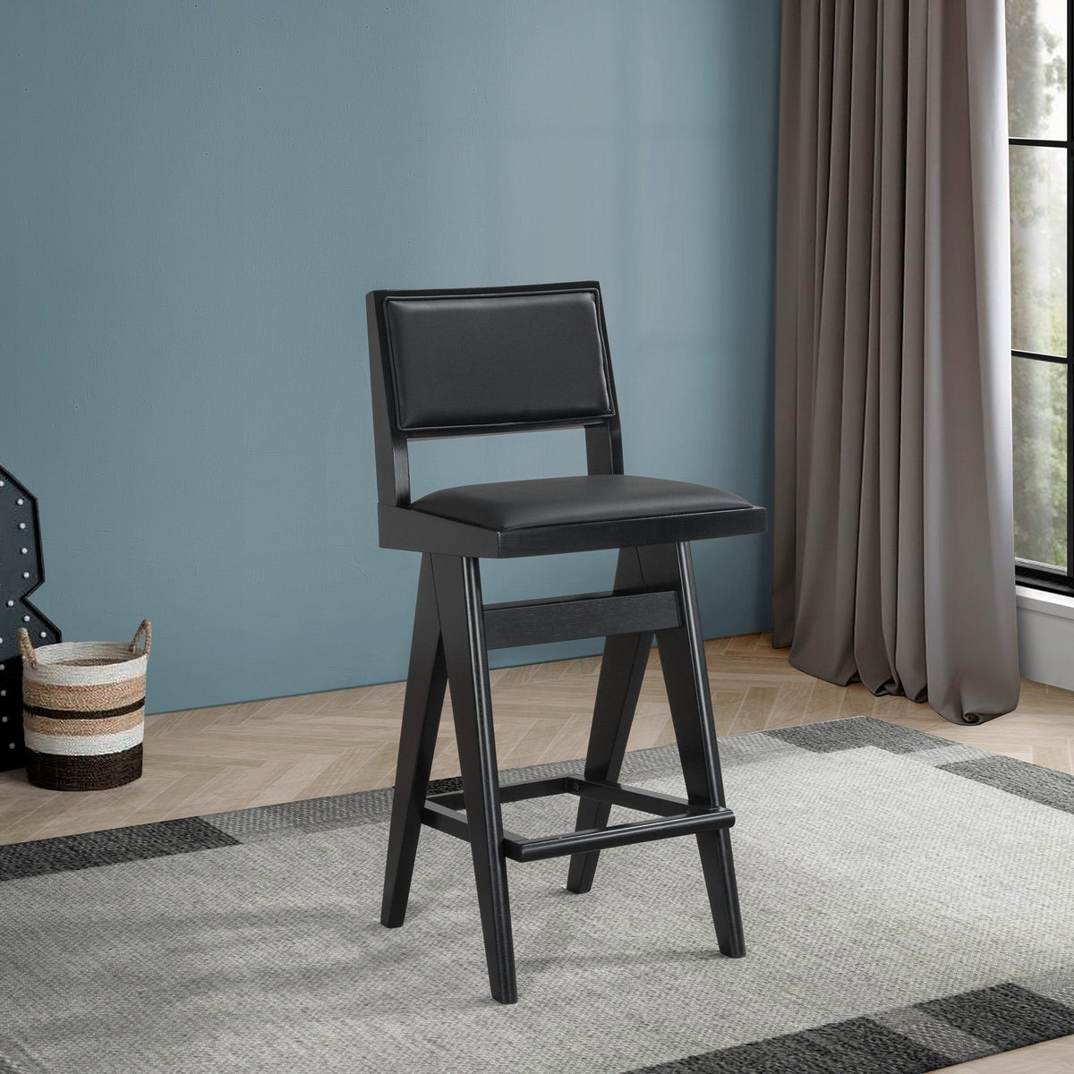 Black Bar Stools Set of 2 with Full Back Support - PU Leather