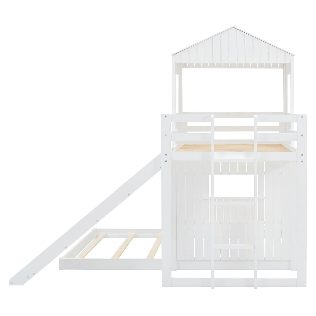 Loft Bunk Bed With Playhouse, Slide, and Guardrails - Twin Over Full