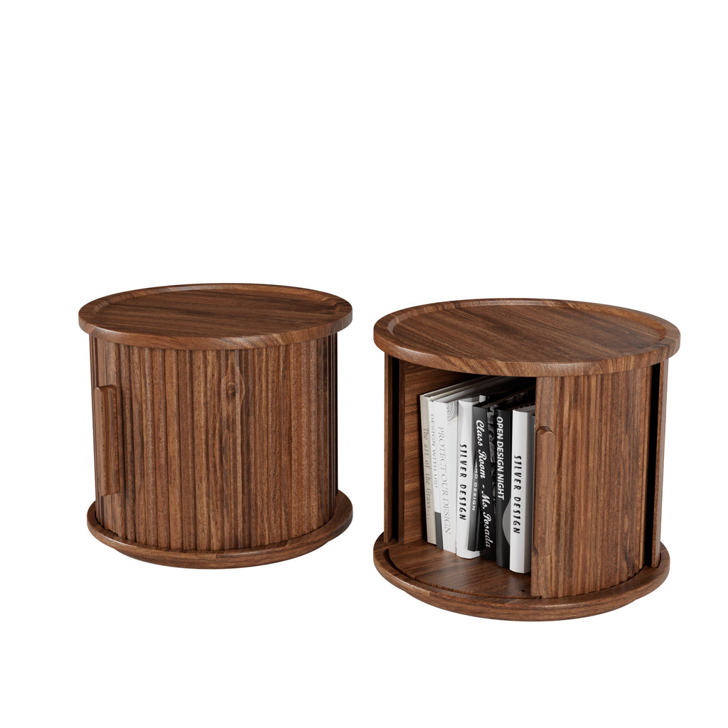 2-Piece Round Coffee Table Set with Sliding Door Storage - Walnut