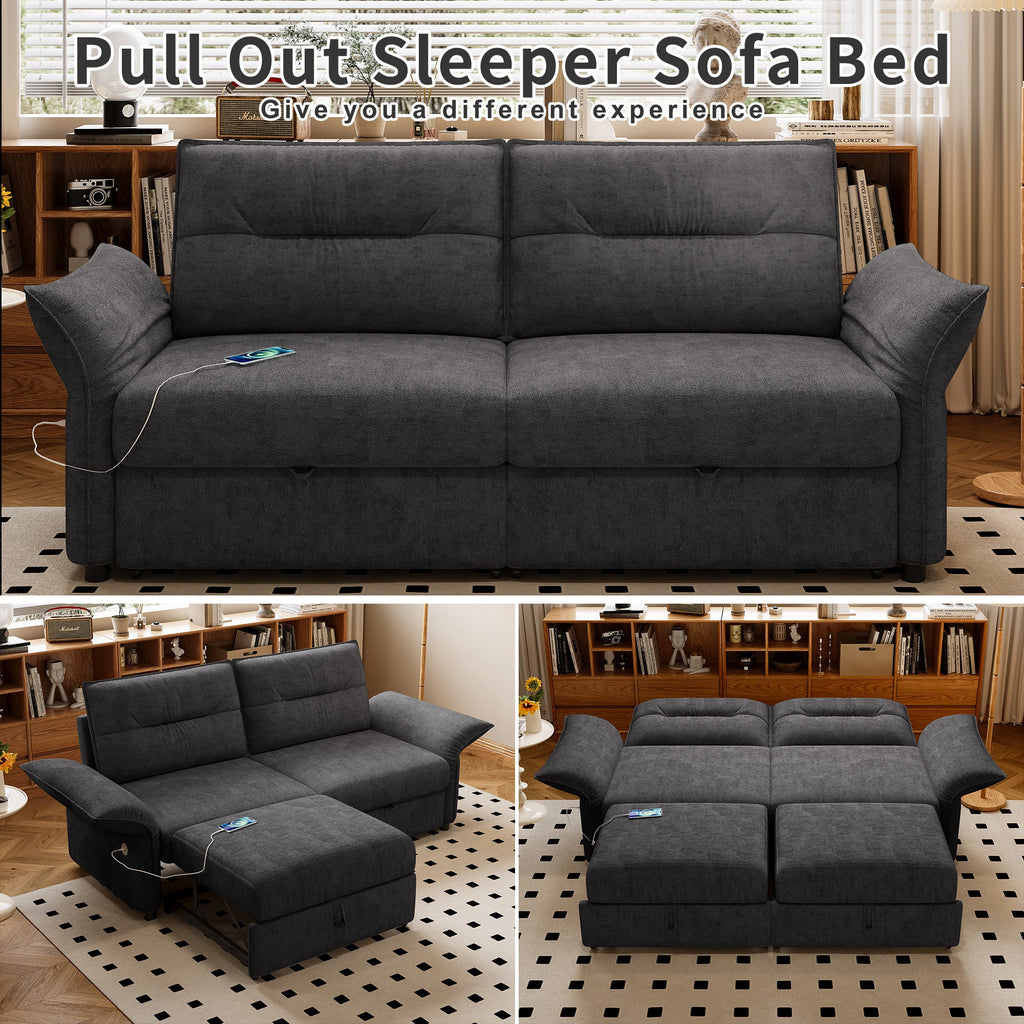 Grey Multifunctional Sofa Bed with Convertible 85-Inch Design - Plush Fabric