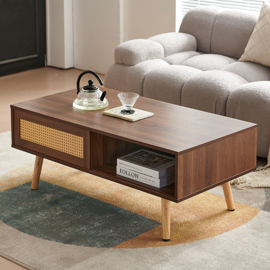Rattan Coffee Table with Sliding Storage Door – Solid Wood Legs - Light Brown, White, or Dark Brown