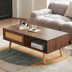 Rattan Coffee Table with Sliding Storage Door – Solid Wood Legs - Light Brown, White, or Dark Brown