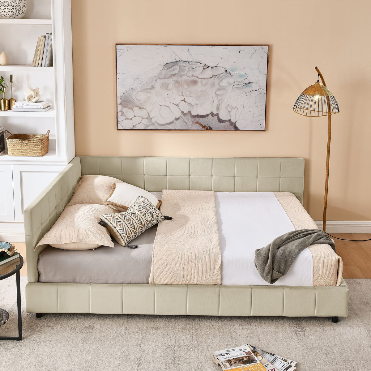 Mid-Century Storage Upholstered Tufted Bed Frame with Backrest and Armrests - Multiple Colors