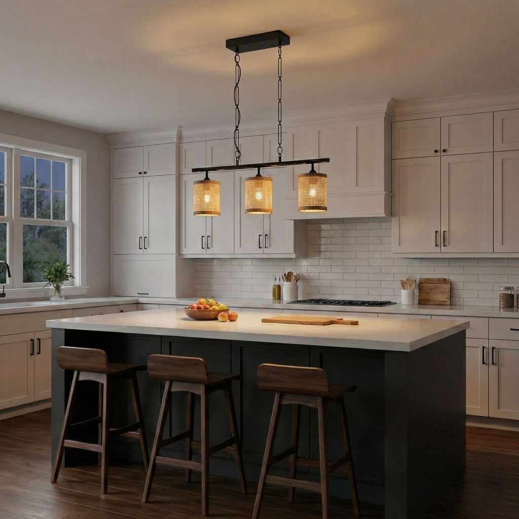 Elysian - 3 Lights Island With Natural Shade Farmhouse Chain Ceiling Lamp