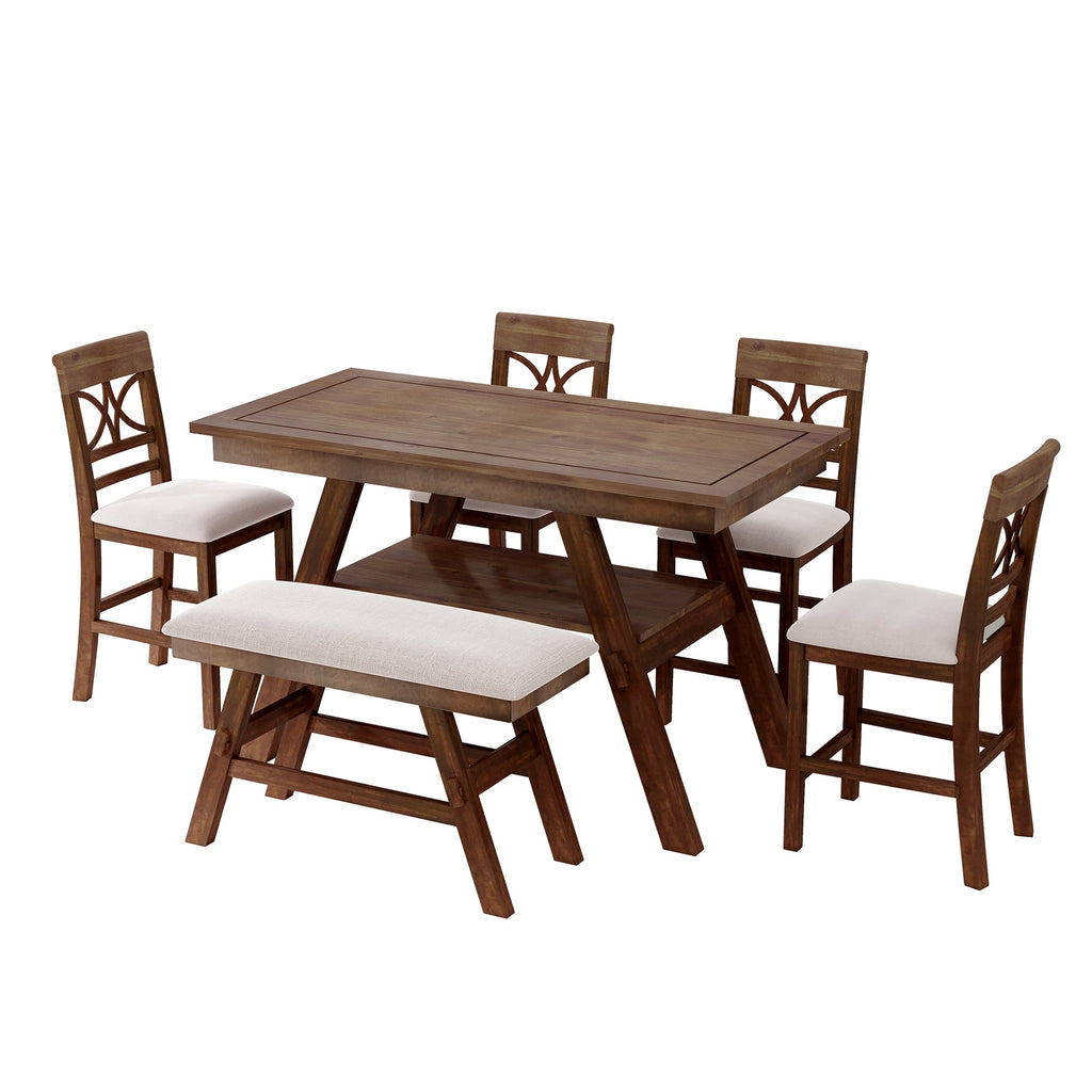 Counter Height 6-Piece Wood Dining Set with Storage Shelf - Walnut
