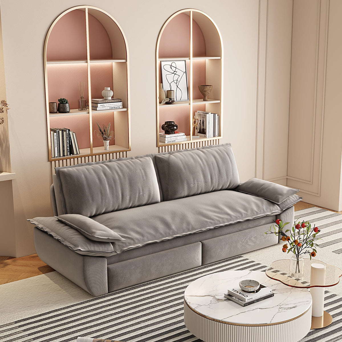 Grey Velvet Queen Pull Out Sofa Bed with 3-in-1 Convertible Design