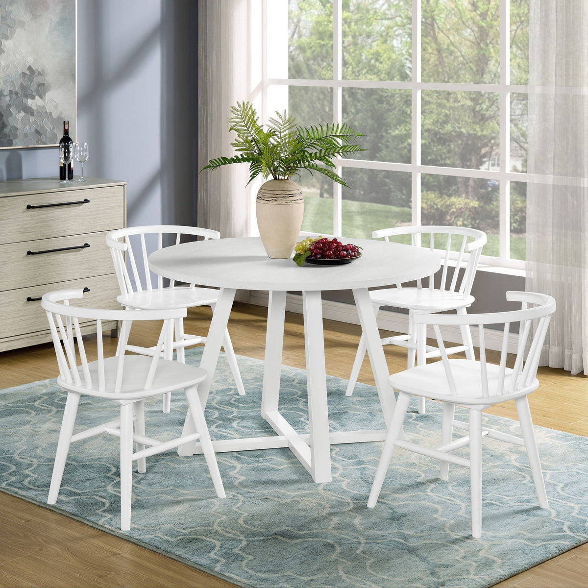 White 5 Piece Dining Set with Round Table and Windsor Chairs