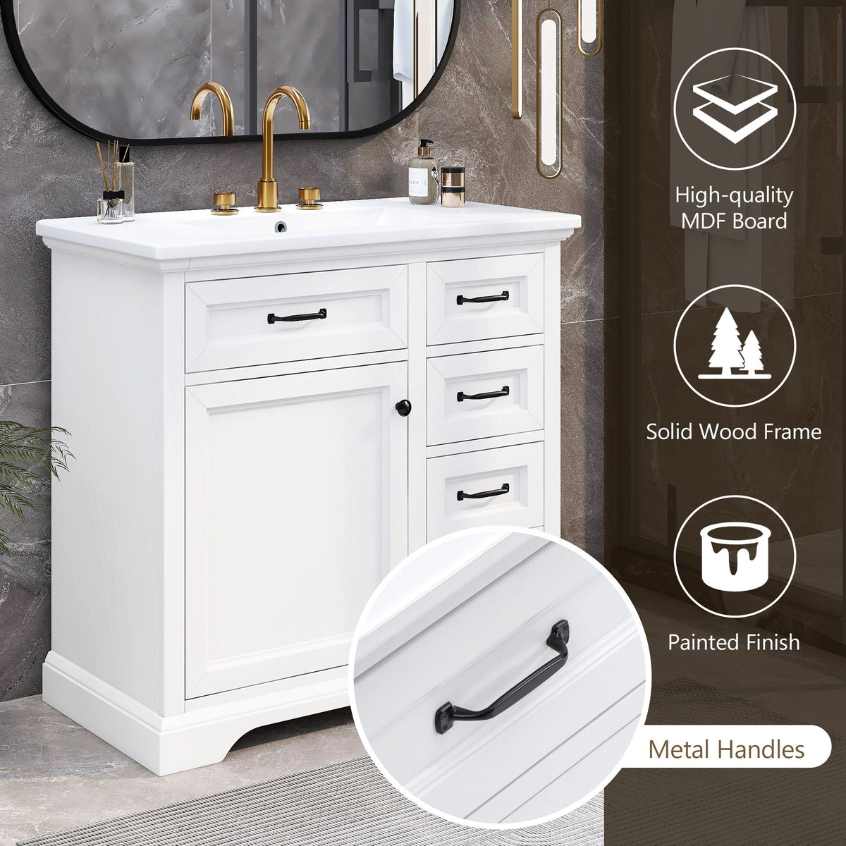 36" Bathroom Vanity with Sink and Soft Close Hinges - Dark Gray or White