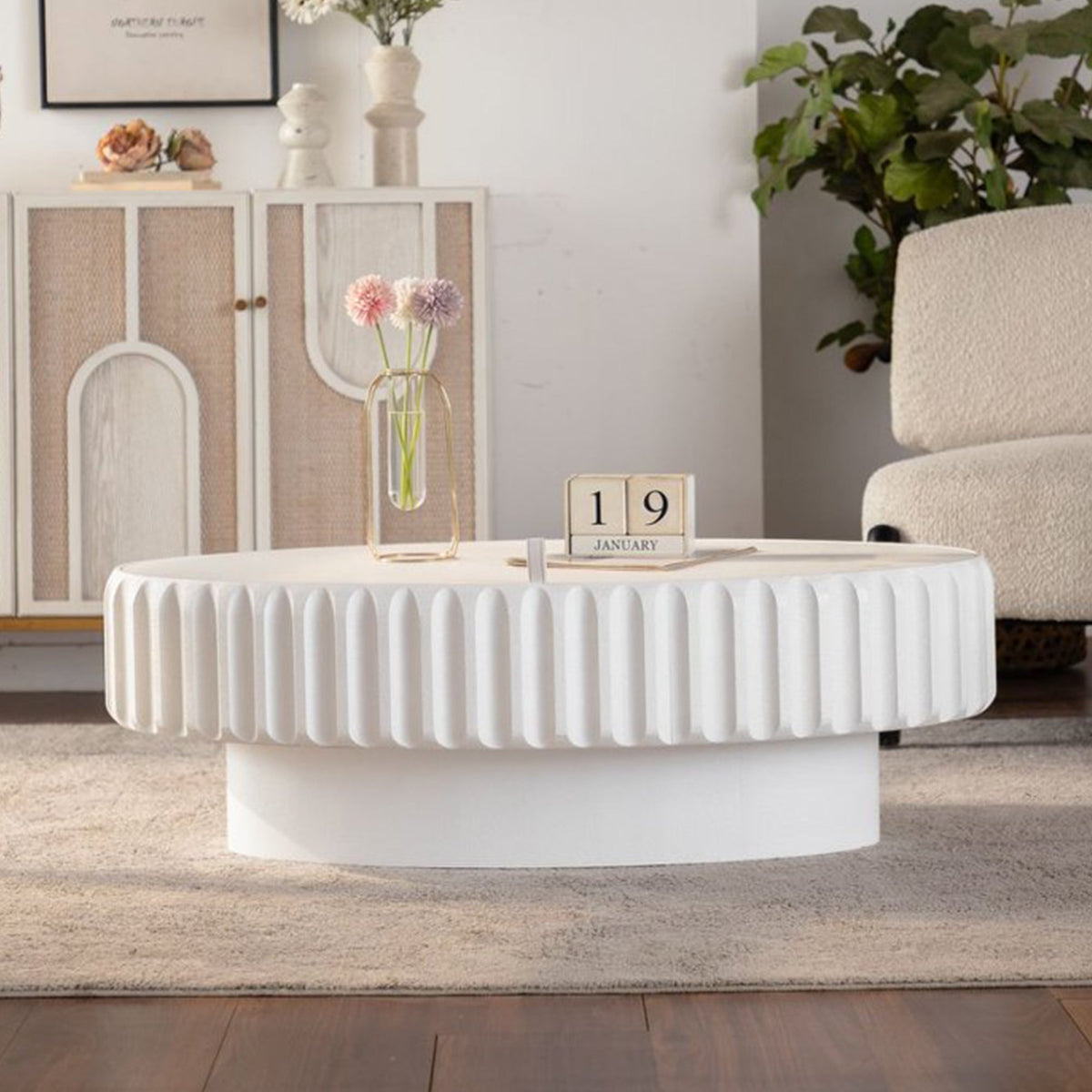 Fluted Storage Table with Lift-Off Lid - Cream White