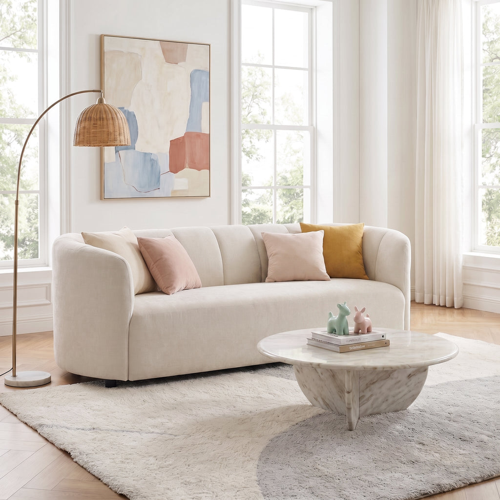 Modern Curved Chenille Sofa Couch with Sturdy Wood Frame – Cream