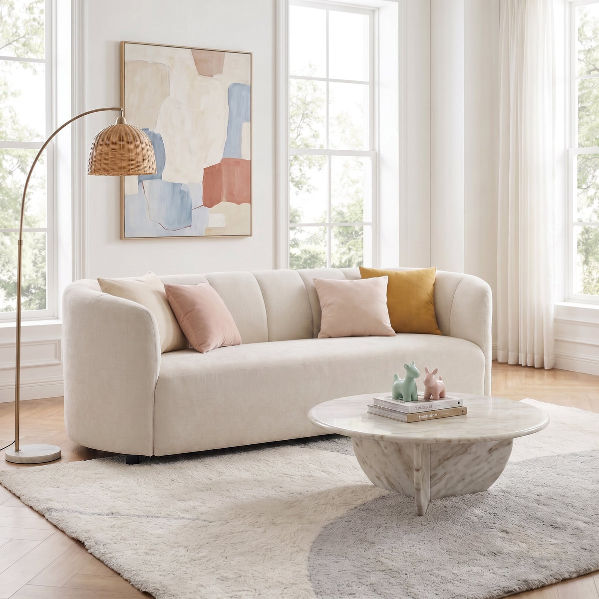 Modern Curved Chenille Sofa Couch with Sturdy Wood Frame – Cream