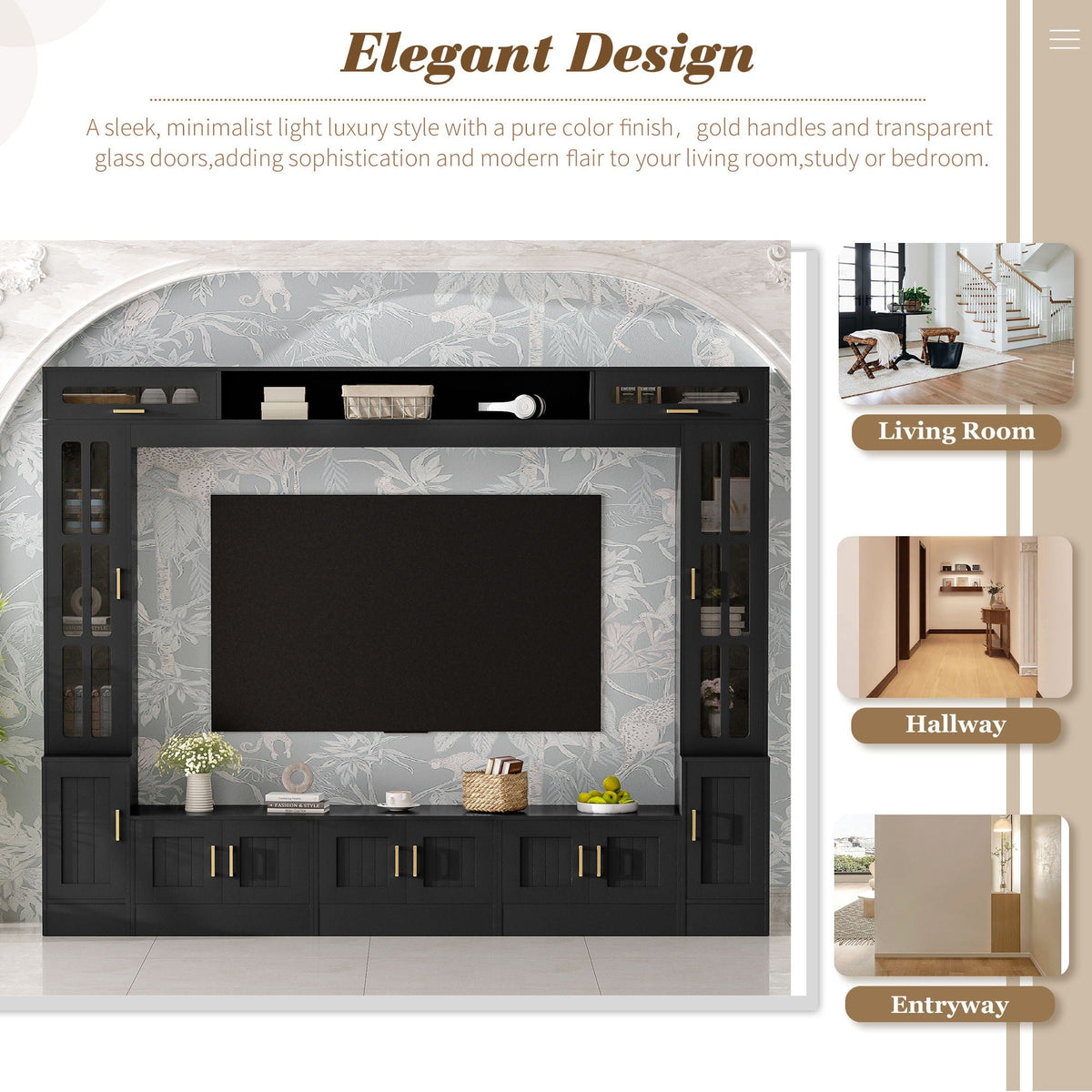 Wall Unit Entertainment Center with Glass Doors - White or Black