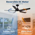48" Black Ceiling Fan with Dimmable LED Light and Remote Control - Reversible Motor