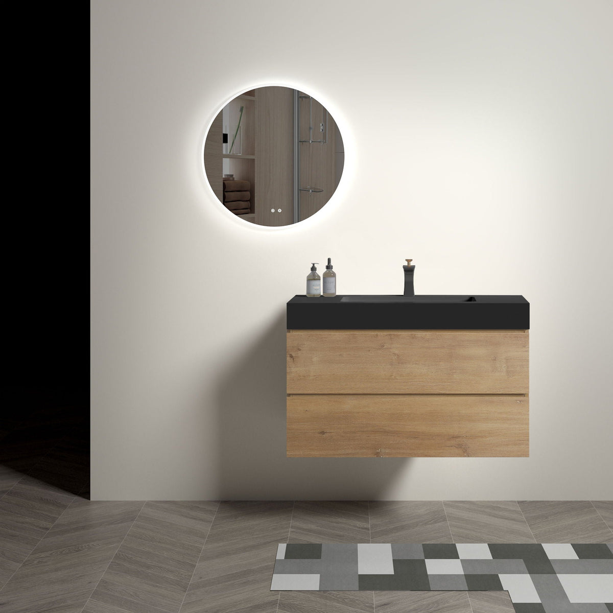 Natural Oak Bathroom Vanity with Floating Quartz Sink - Light Brown