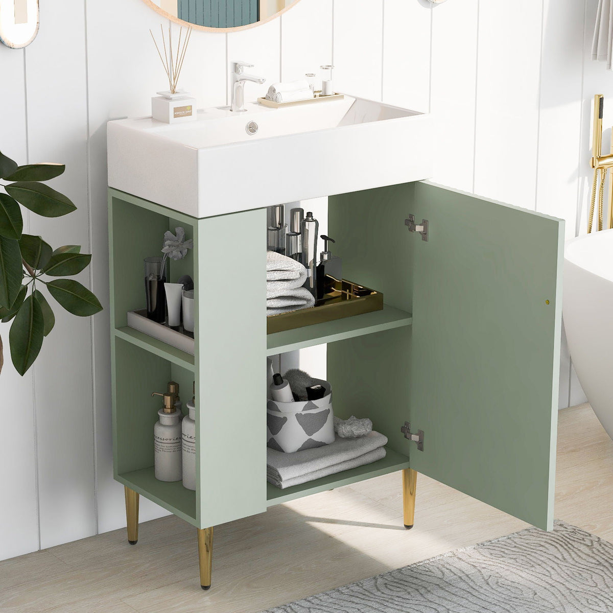 Bathroom Vanity with Single Ceramic Sink and Side Storage - Multiple Colors