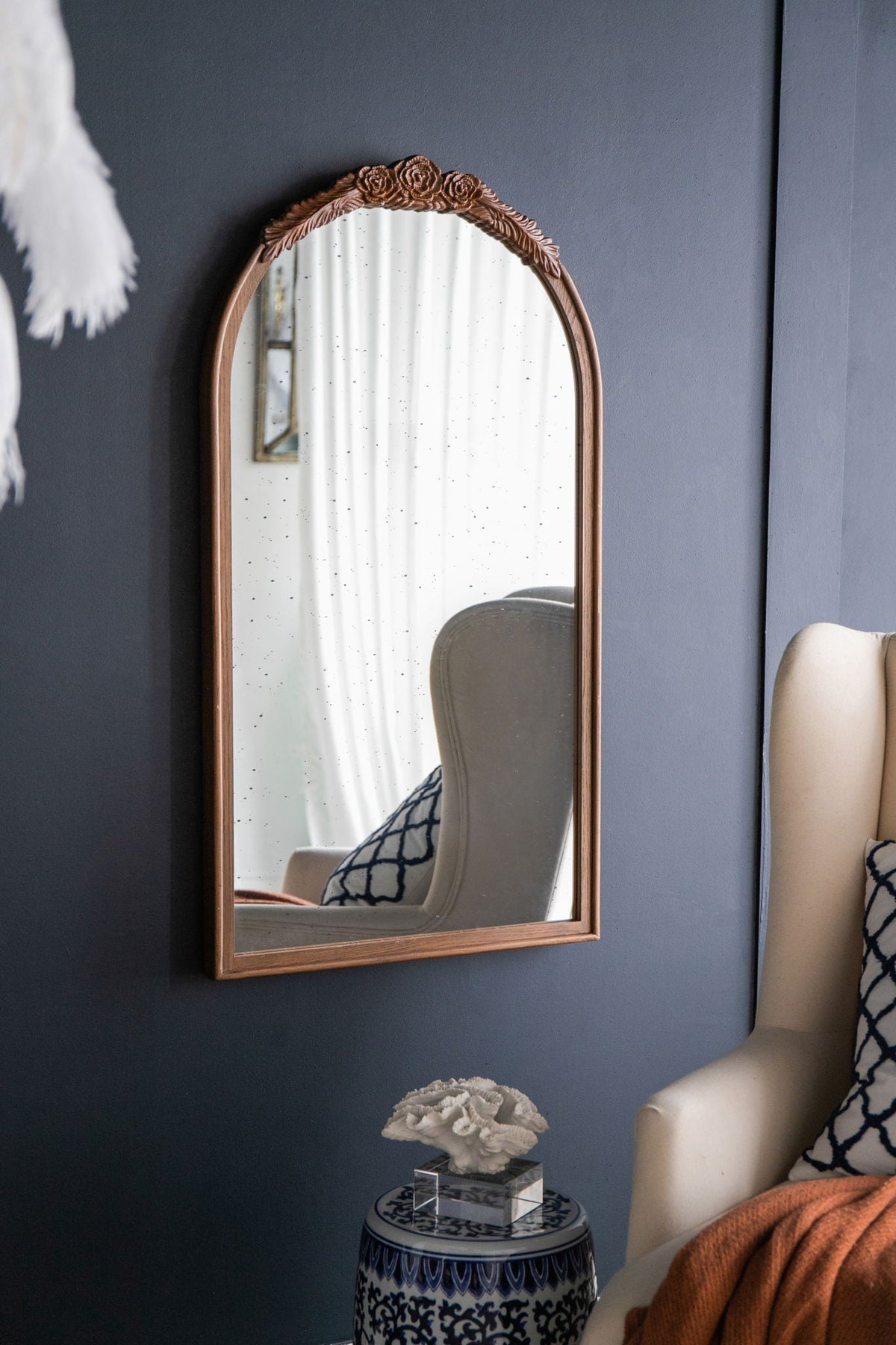 Hand Carved Rose Antique Arched Mirror Frame with Intricate Carvings - Black or Light Brown