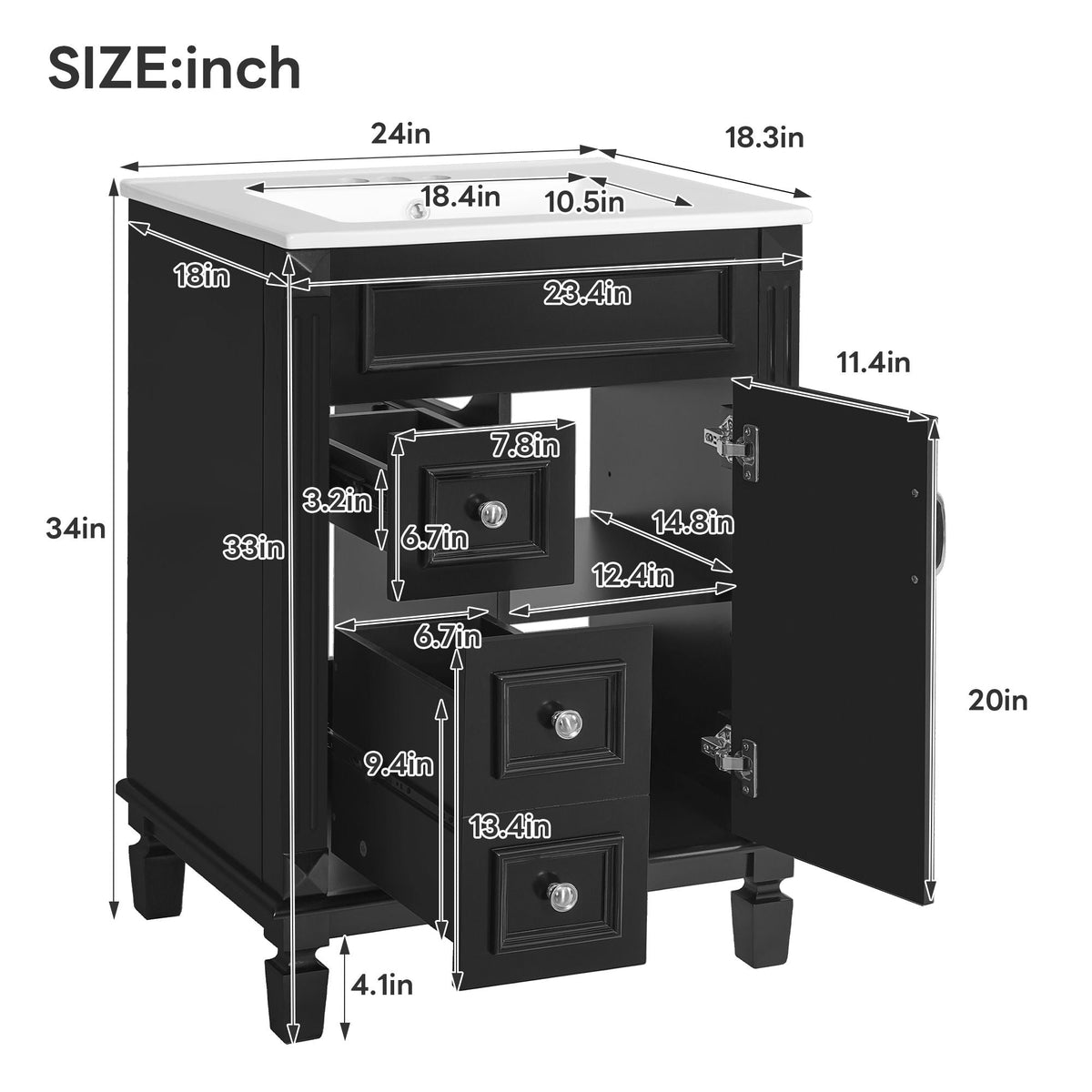 Compact Bathroom Vanity with Ceramic Sink and Storage Drawers - White, Green, Black