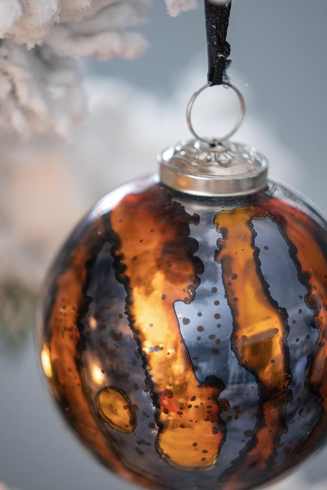 Blue Glass Christmas Ball Ornaments Set of 6 with Brass Accents