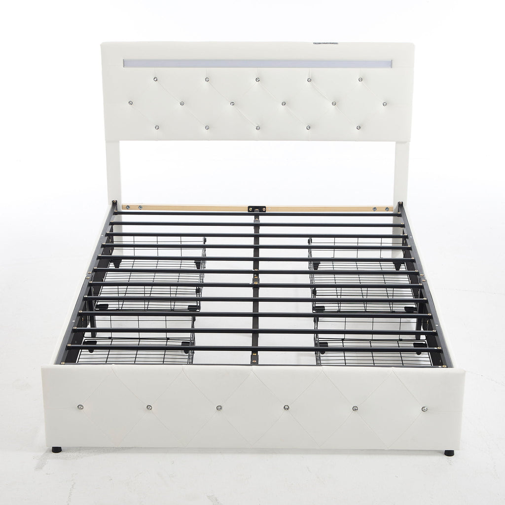 Upholstered Storage Bed Frame with LED Lights and Drawers – White or Black