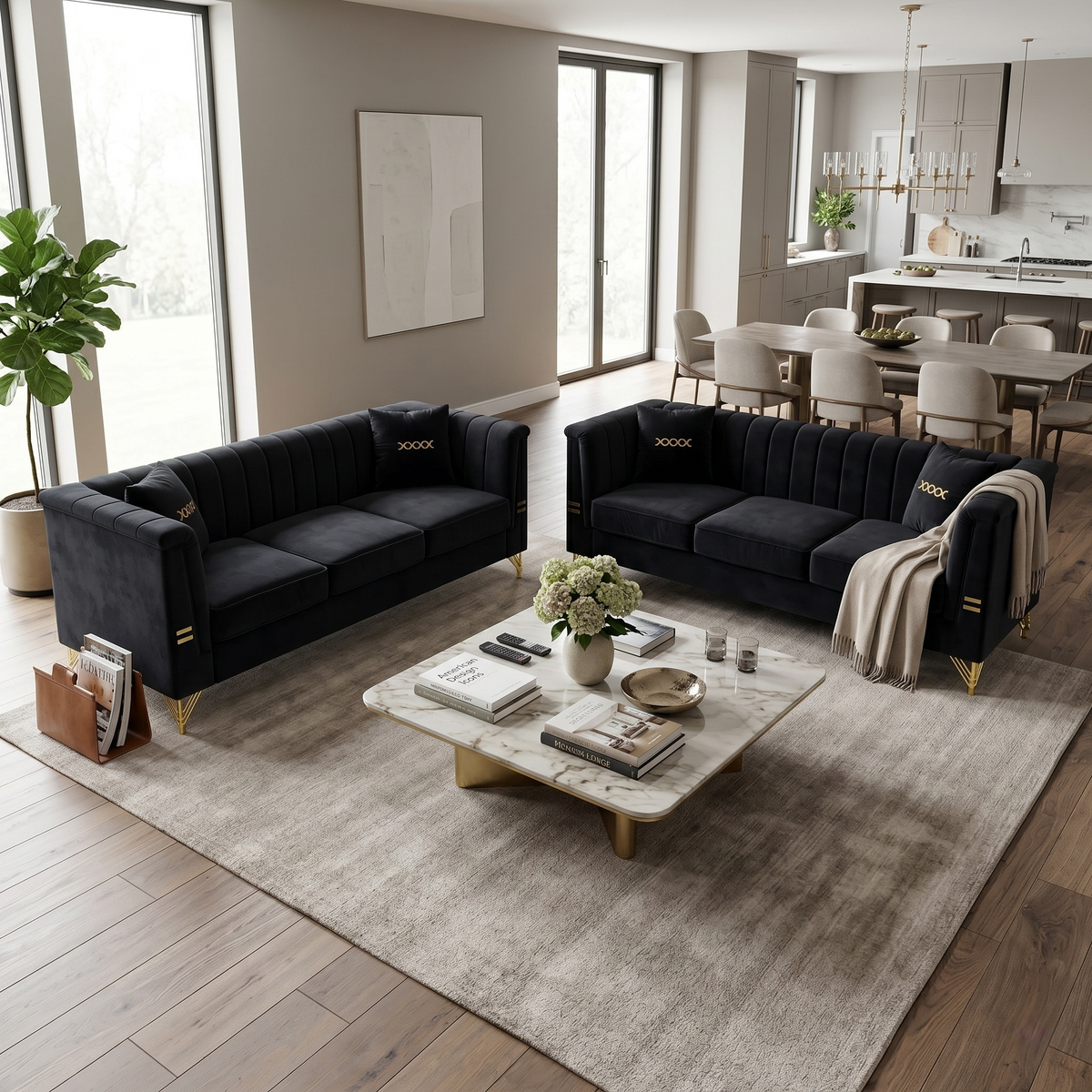 Velvet Sectional Sofa Set with Gold Metal Legs - Cream White