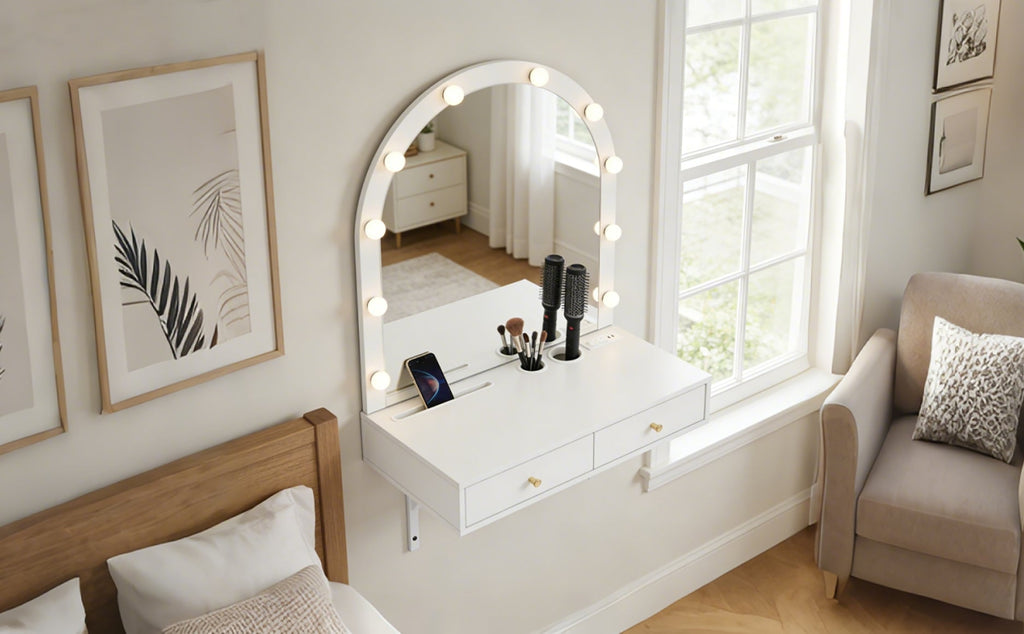 Floating Makeup Vanity Desk with 3-Color LED Mirror – Engineered Wood
