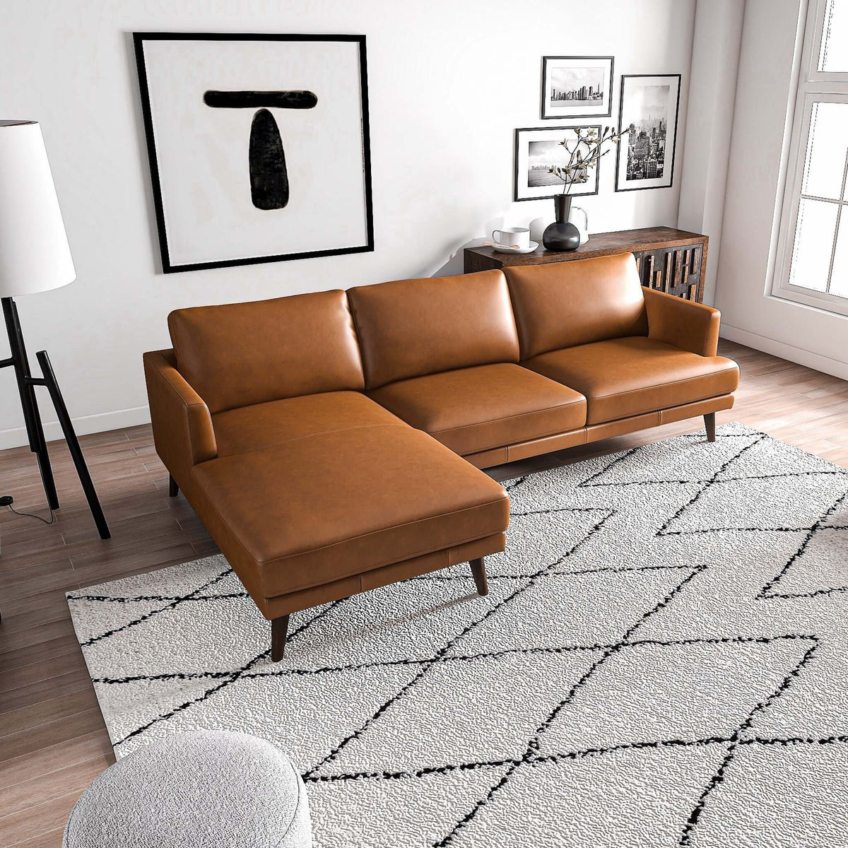 Light Brown L-Shaped Sectional Sofa with Solid Eucalyptus Wood Frame