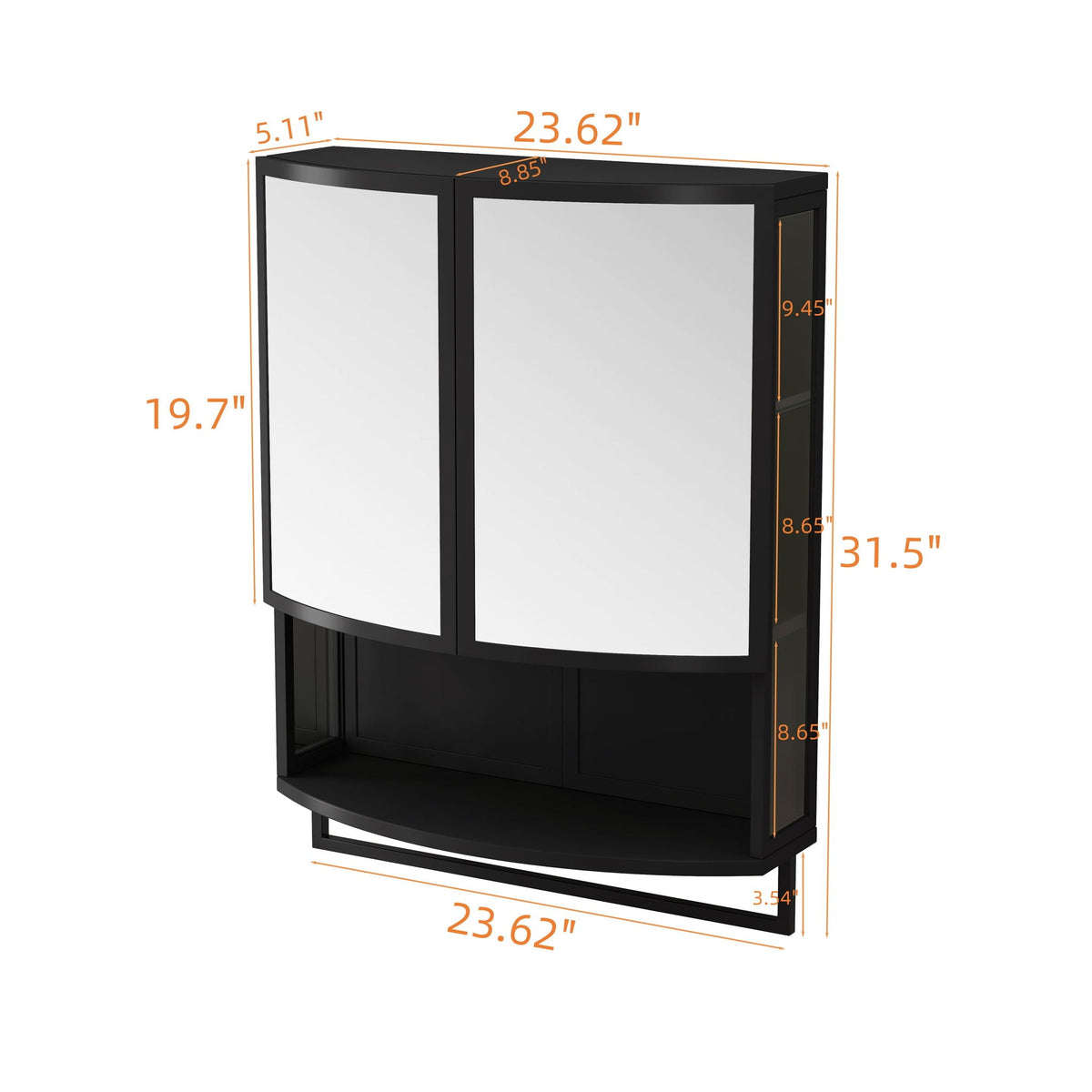 Arched Glass Double Door Wardrobe with Shatterproof Mirror - Black or White