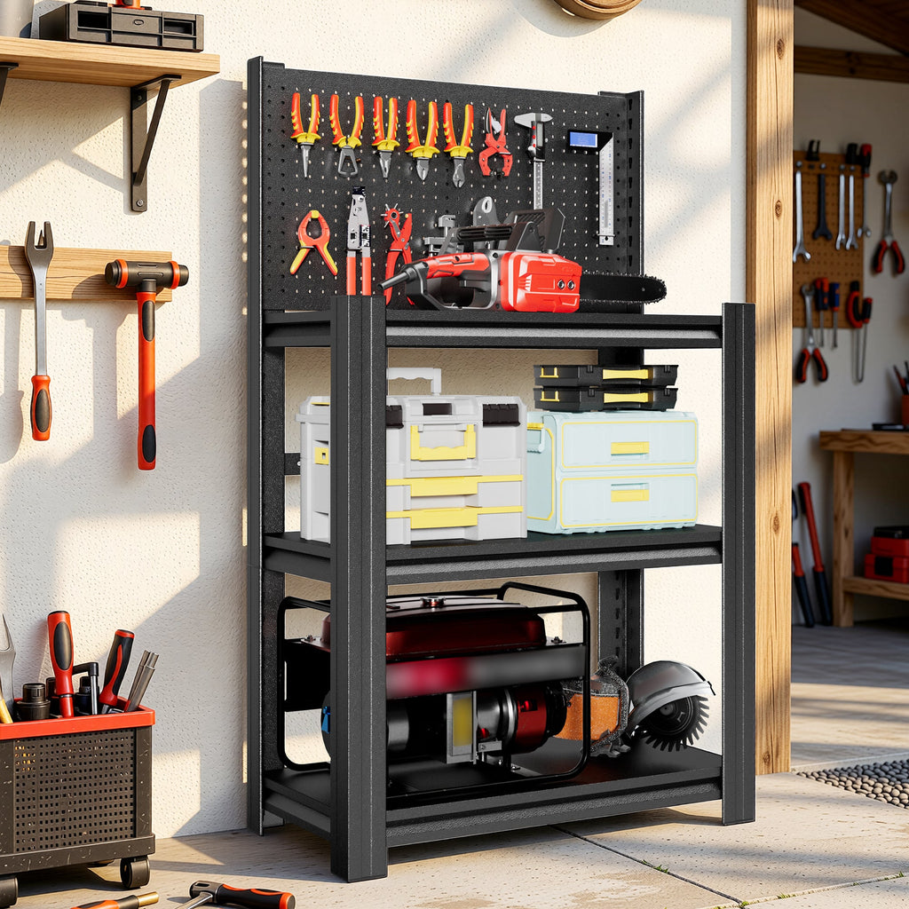 3-Tier Heavy-Duty Metal Storage Shelving Unit with Pegboard - Metal