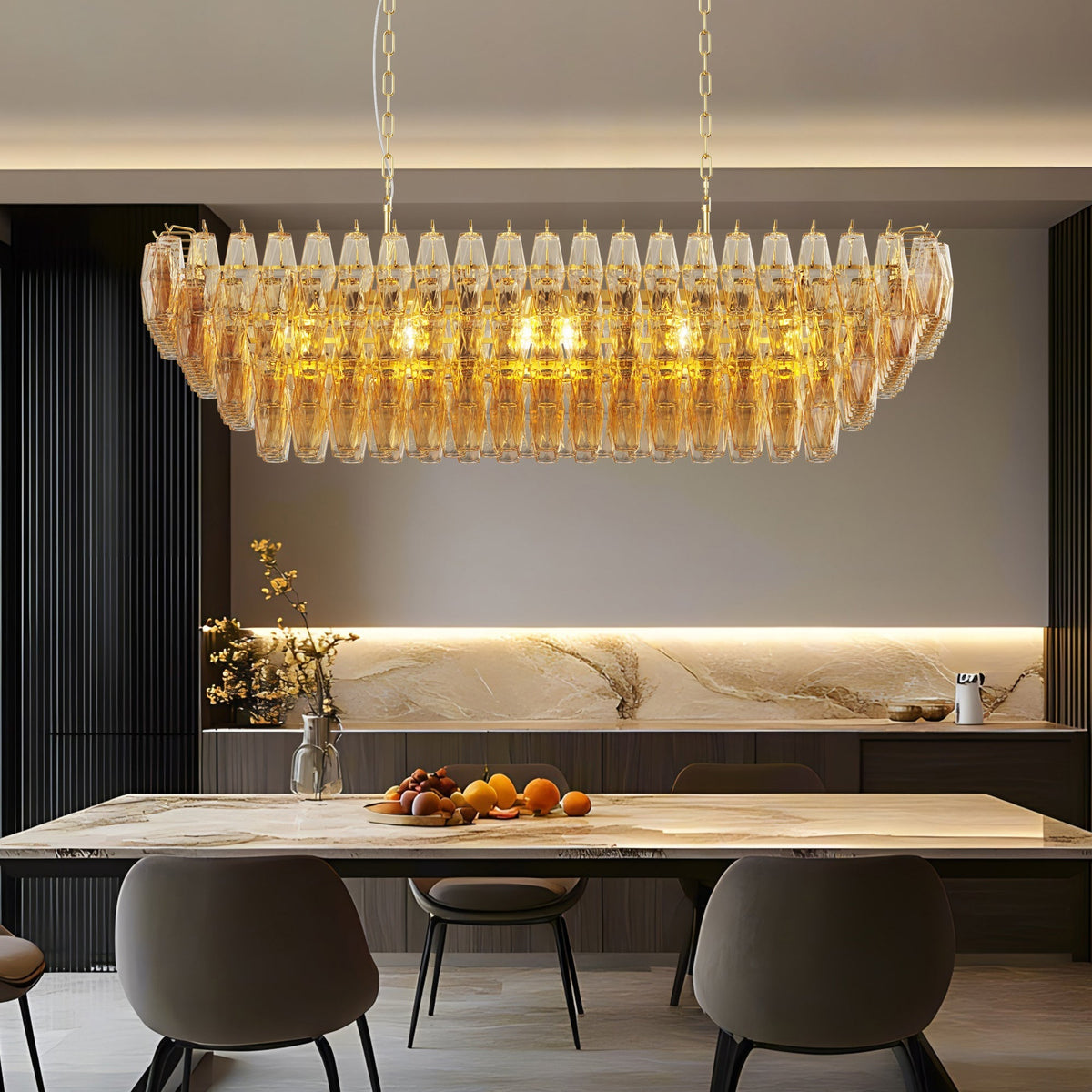 Modern Rectangle Gold Chandelier with Smoke Glass Lights - 54"