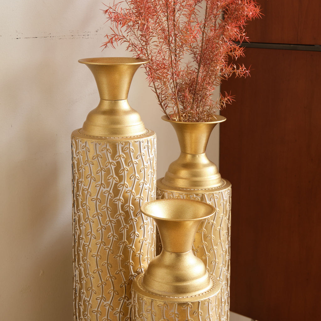 Gold Metal Floor Vases Set with Vine Pattern – Set of 3