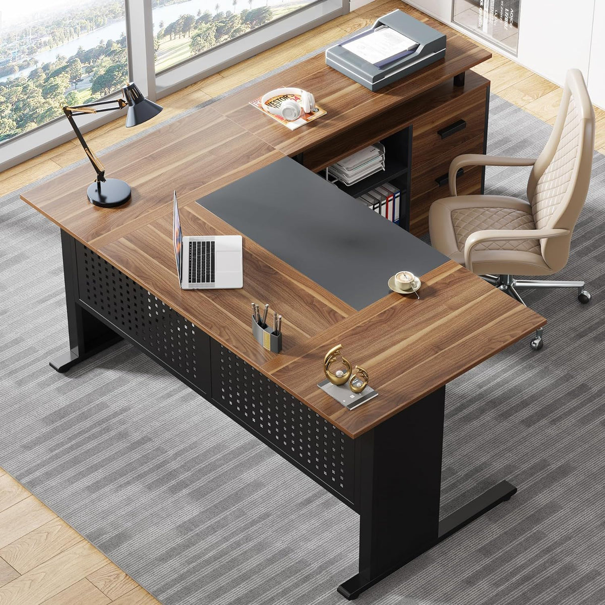L-Shaped Executive Desk with File Cabinet and Storage Drawers - Light Brown or Dark Gray