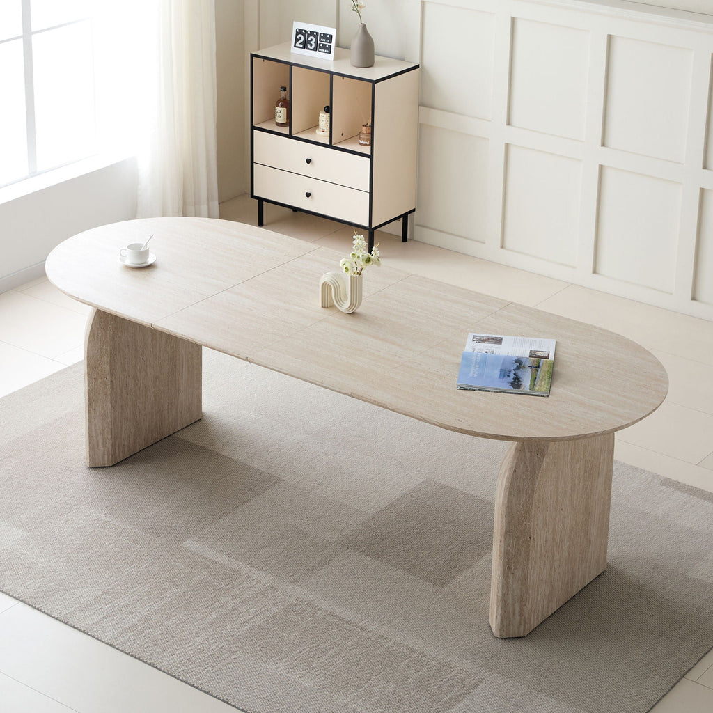 Oval Extendable Dining Table with Dual Pillar Design - Off White