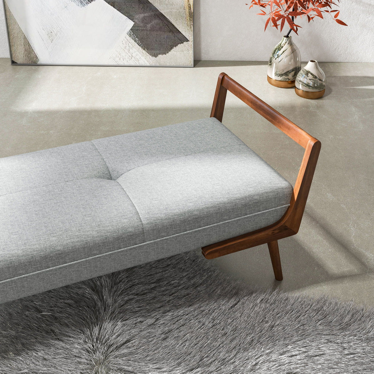 Gray Upholstered Bench with Biscuit Tufting - 51.2" Wide