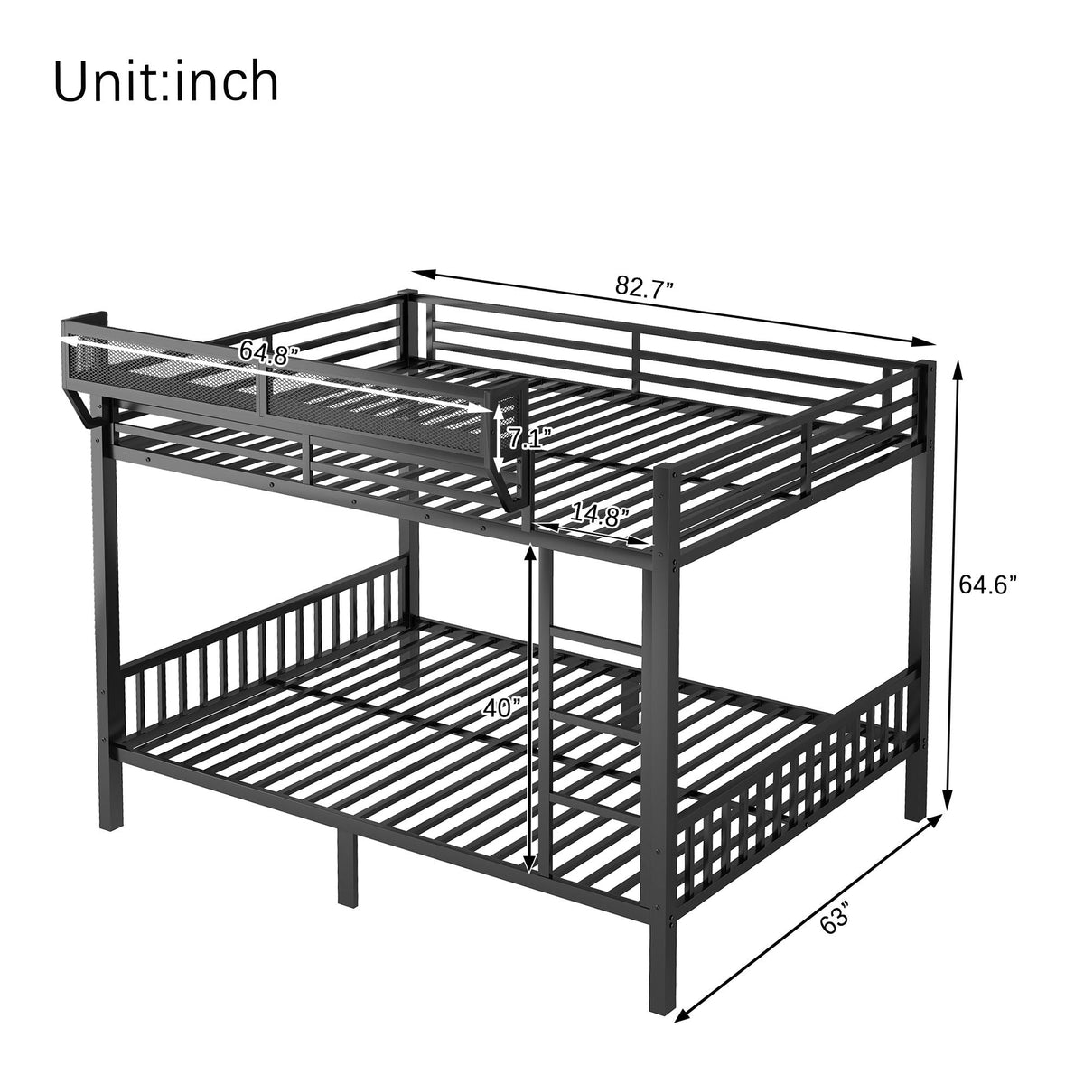 Queen Over Queen Bunk Bed with Storage Shelf and Ladder - Black