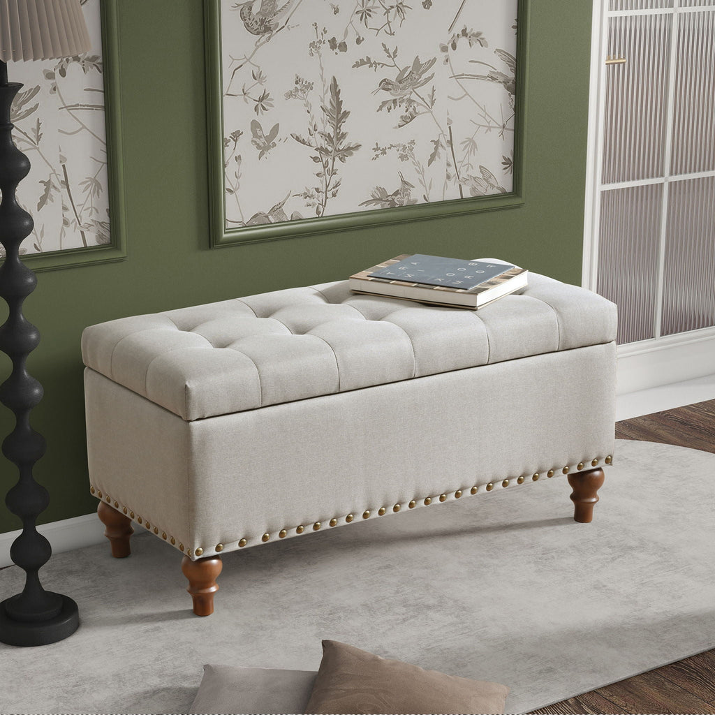 Upholstered Ottoman with Storage and Rivet Trim - Fabric, Beige or Gray