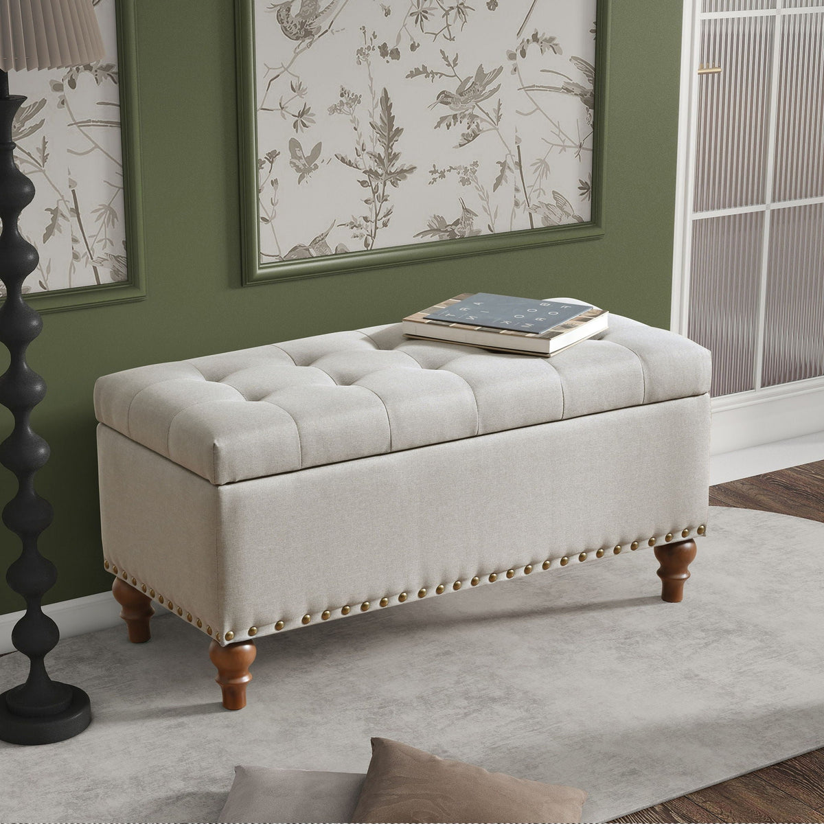 Upholstered Ottoman with Storage and Rivet Trim - Fabric, Beige or Gray