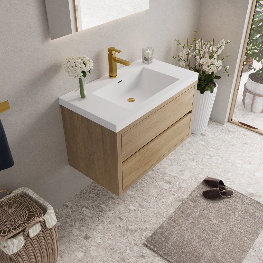 36" Wall-Mounted Bathroom Vanity with Stone Resin Sink - Modern Wood Finish