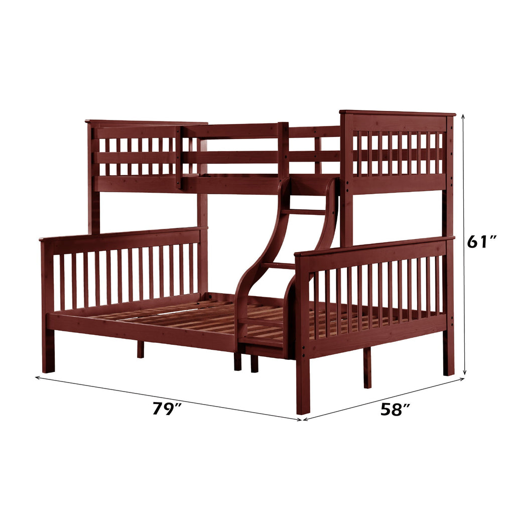 Twin Over Full Bunk Bed with Secure Ladder and Slat System - Dark Red or Gray