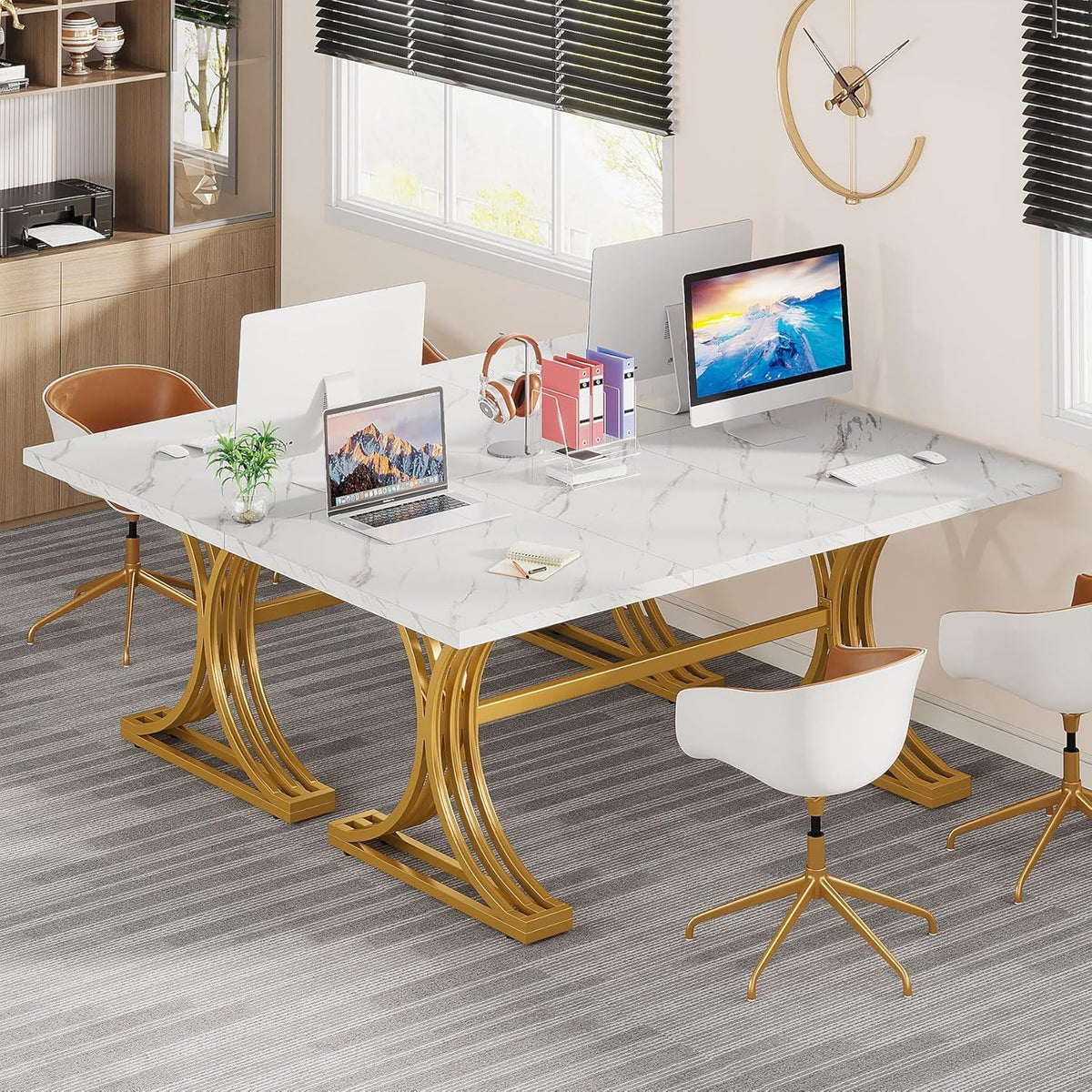 White and Gold Executive Desk with X-Legs - Stain-Resistant Surface