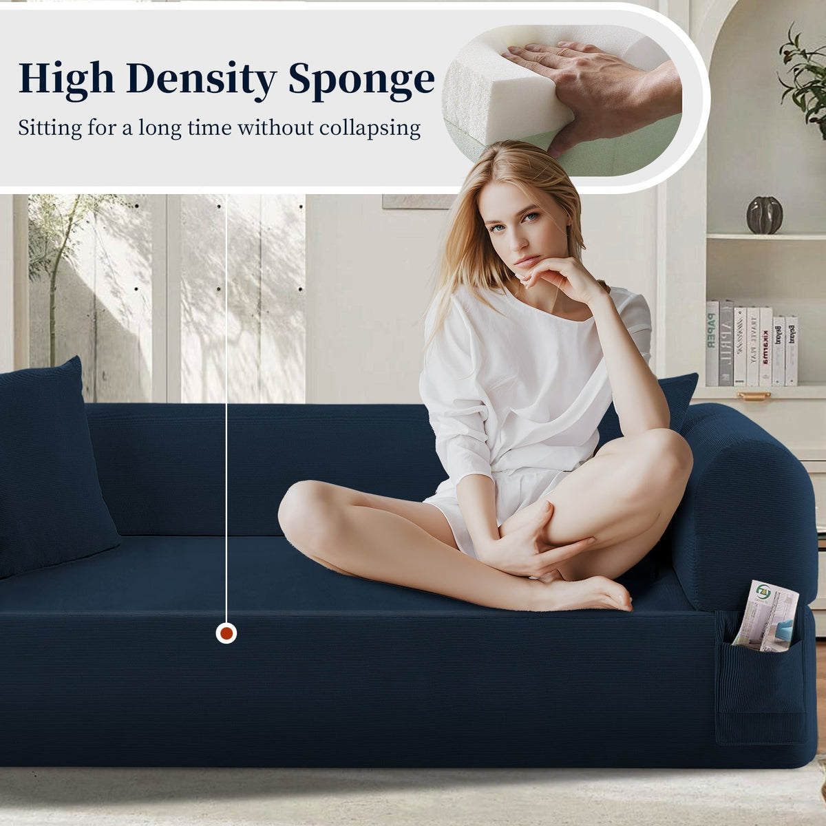 Spring Sofa with High-Quality Fabric and Storage - Blue