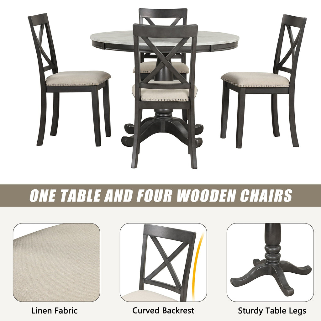 5-Piece Solid Wood Dining Set — White or Dark Gray