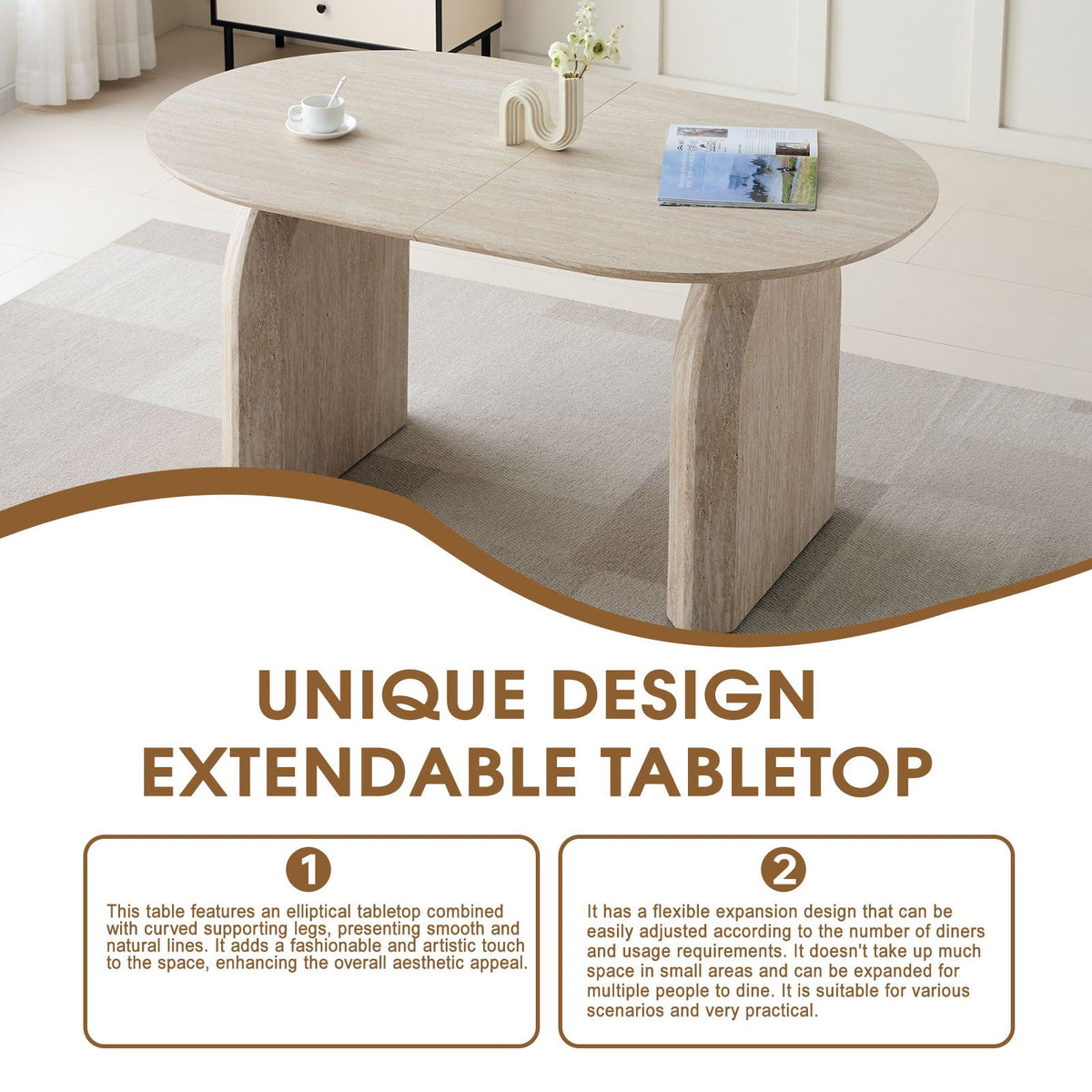 Oval Extendable Dining Table with Dual Pillar Design - Off White