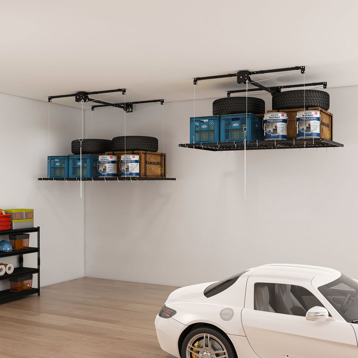 Overhead Garage Storage Rack with Crank System - Black or White